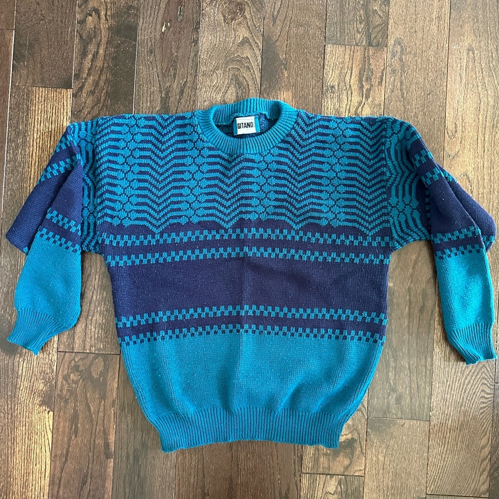 054: Vintage blue and turquoise Gitano sweater. Fits size small to large.